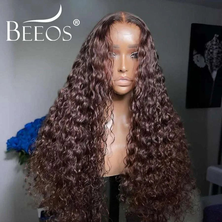Ultra Fitted Dark Brown 13X6 HD Transparent Lace Full Frontal Wigs Human Hair Water Wave Colored Curly Wigs 100% Human Hair Remy Khamik Shop Online