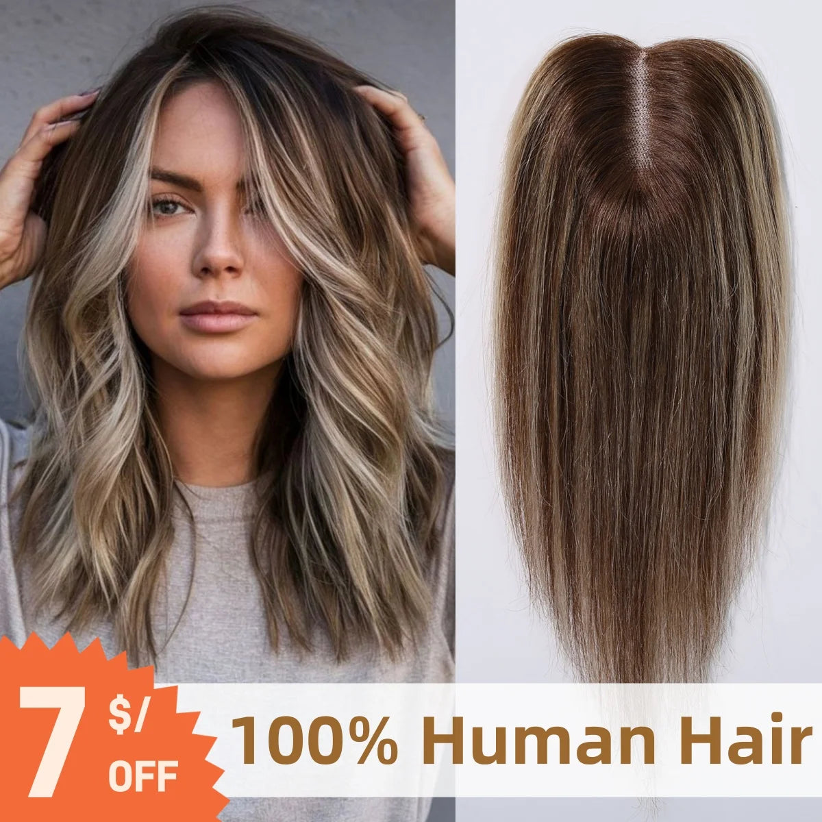 Brown Mixed Blonde Human Hair Toppers Middle Part 100% Remy Human Hair Straight Lace Base Clip in Hairpieces for Women Loss Hair Khamik Shop Online