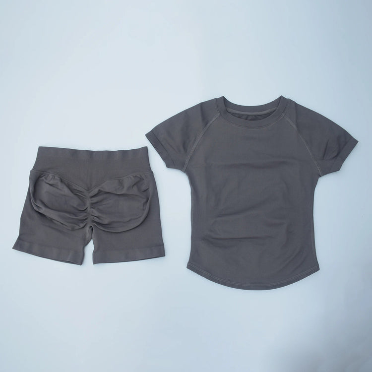 AURA SHARK 2 Piece Yoga Set Women Seamless Short Sleeve T Shirt High Waist Shorts Fitness Workout Clothes Gym Suit Activewear Khamik Shop Online