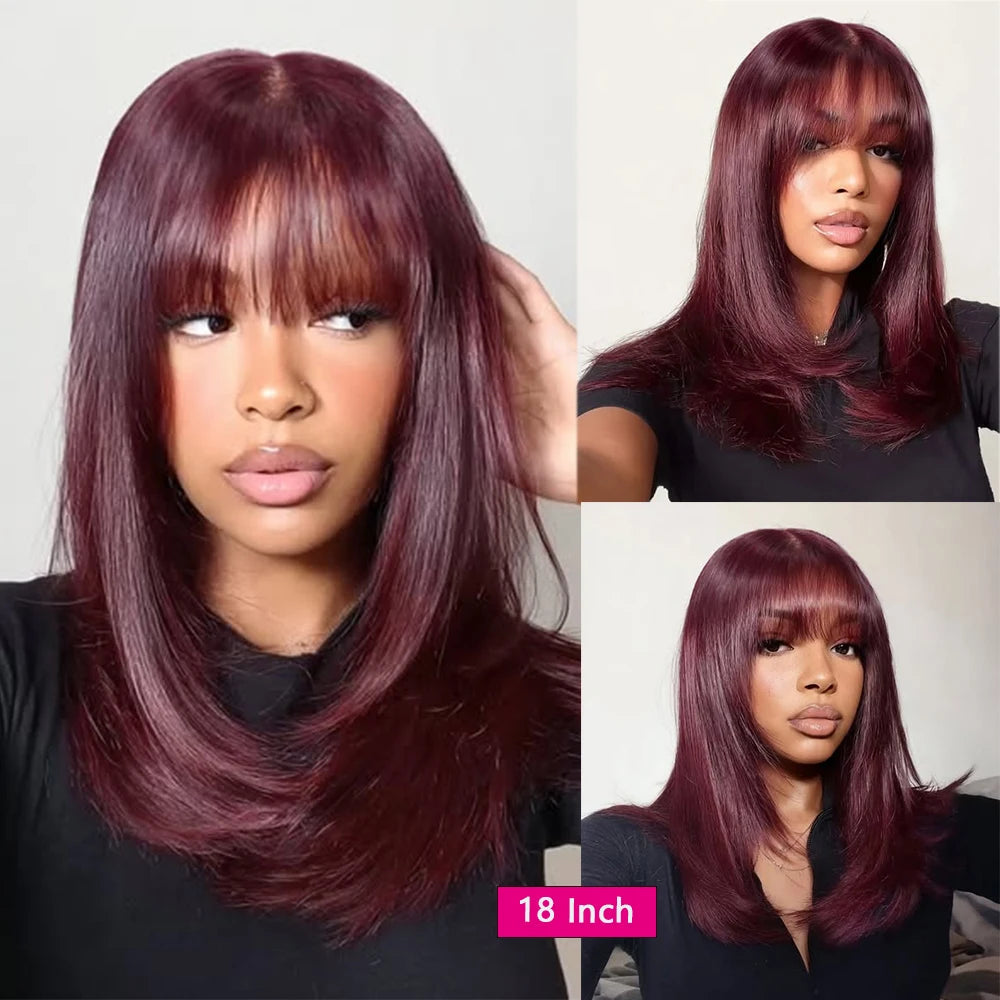 Short Bob Wig Layered with Bangs Straight Human Hair Bob with Bangs 400 Density Wig Human Hair Straight 99j Bob Wig For Women Khamik Shop Online