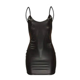 Sexy Faux Leather Dress Backless Club Party Short Dress Solid Black Wet Look Latex Bodycon Push Up Bra Mini Micro Dress Khamik Shop Online