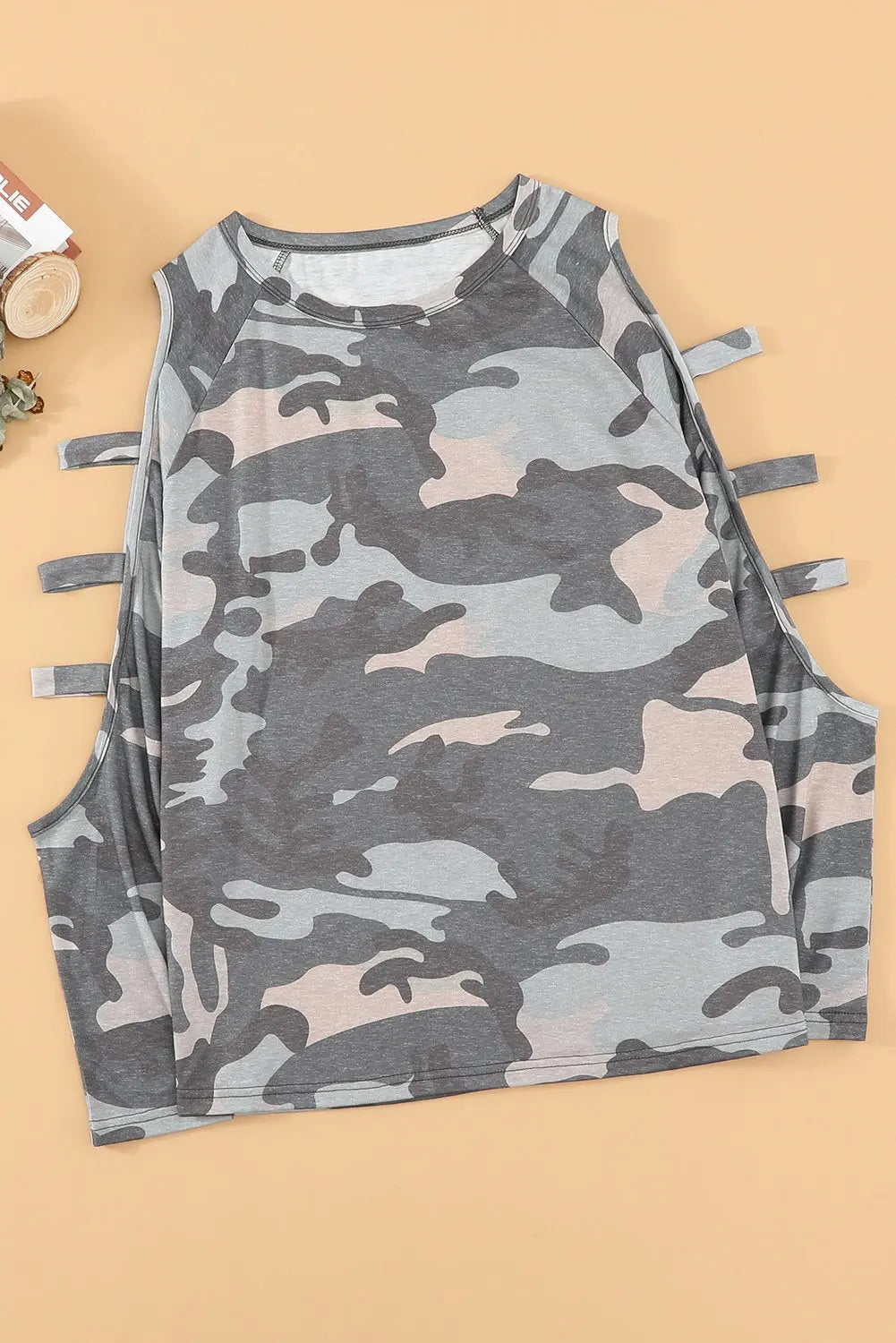 Camouflage Shoulder To Hollow Out Long Sleeve Top Jade