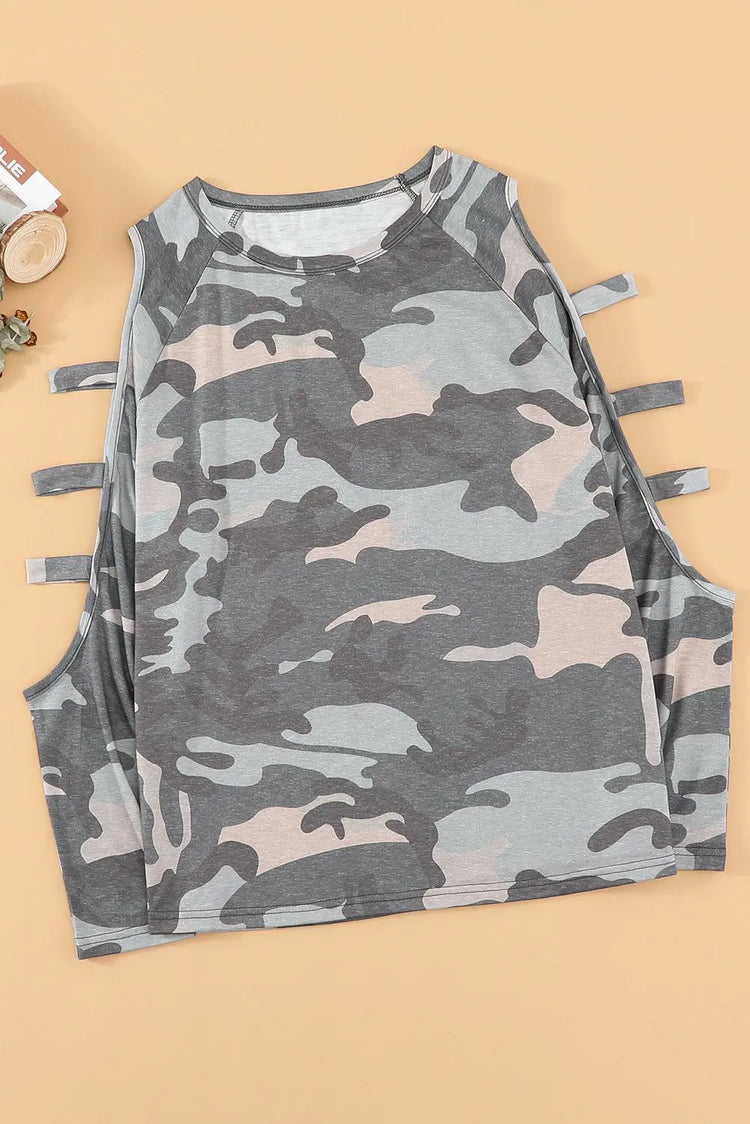 Camouflage Shoulder To Hollow Out Long Sleeve Top Jade