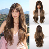 LOUIS FERRE Long Wavy Ombre Brown Wig with Bangs Synthetic Hair Wig Heat Resistant Daily Wear Office Party Cosplay Halloween Khamik Shop Online