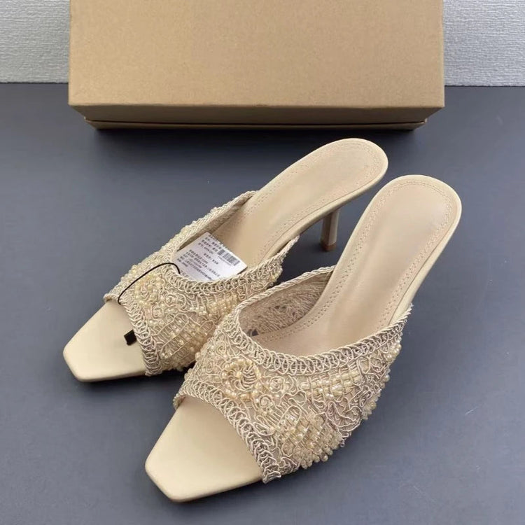 2026 Summer Sandals Weave Pearl Mule Heels for Women Nude Square Toe High Heel Sandal Elegant Backless Fashion Stiletto Footwear Khamik Shop Online