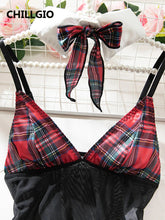 CHILLGIO Women Plaid Print Bodysuits Skirts 4 Pieces Sets Fashion Erotic Cosplay One Pieces Combination Strappy Rompers Lingerie Khamik Shop Online