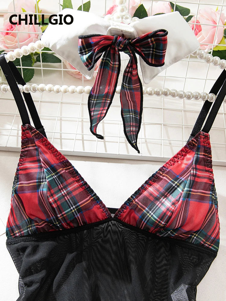 CHILLGIO Women Plaid Print Bodysuits Skirts 4 Pieces Sets Fashion Erotic Cosplay One Pieces Combination Strappy Rompers Lingerie Khamik Shop Online