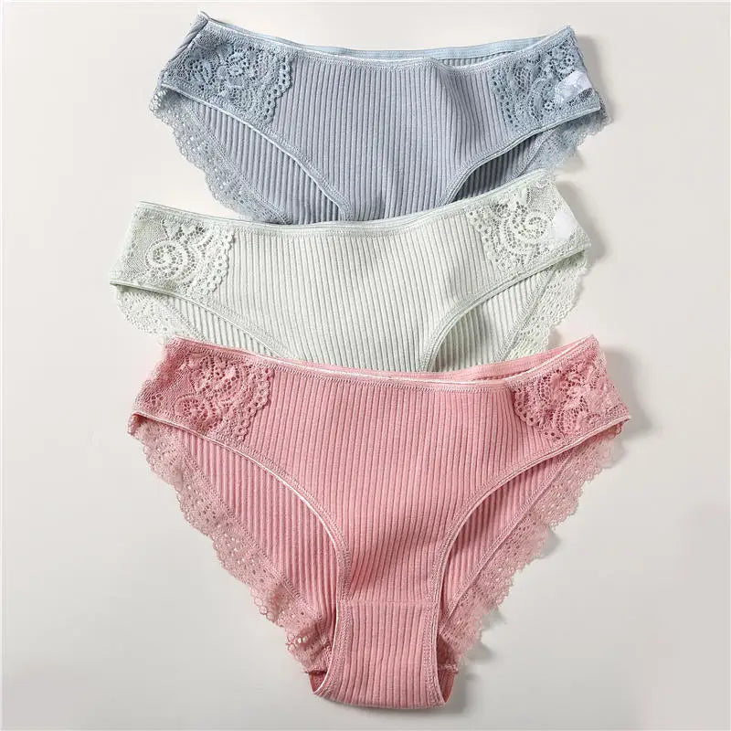 3PCS/Set 6 Color Women Panties Cotton Lace Briefs Solid Color for Female Striped Sexy Cotton Underwear Lingerie Low Waist Flower Khamik Shop Online
