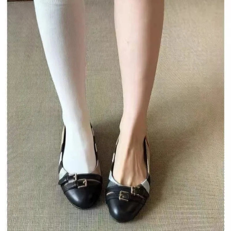 Fashion French Retro Style 2026 Single Shoes New Spring and Summer Spliced Belt Buckle Shallow Mouth Round Toe Flat Shoes Khamik Shop Online