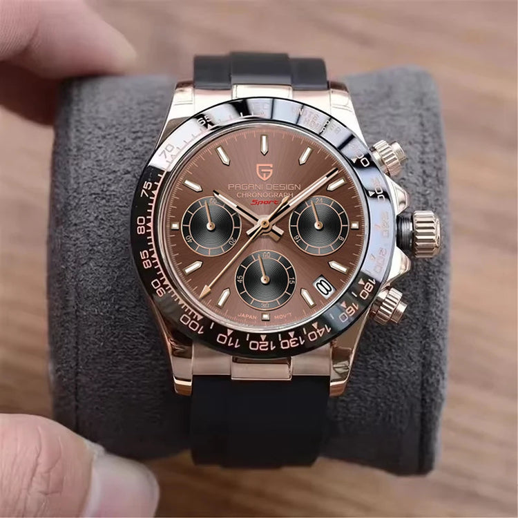 PAGANI DESIGN Men Quartz Chronograph Watch RoseGold Case Black Ceramic Bezel Brown Dial Rubber Strap Waterproof Sports watch+box Khamik Shop Online