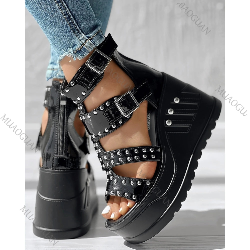 Fashion Women Peep Toe Black Sandals Ladies Summer Casual Sexy Rivets Design Thick Heels Shoes Ankle Buckle Footwears Khamik Shop Online