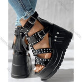 Fashion Women Peep Toe Black Sandals Ladies Summer Casual Sexy Rivets Design Thick Heels Shoes Ankle Buckle Footwears Khamik Shop Online