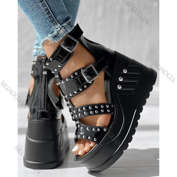 Fashion Women Peep Toe Black Sandals Ladies Summer Casual Sexy Rivets Design Thick Heels Shoes Ankle Buckle Footwears Khamik Shop Online