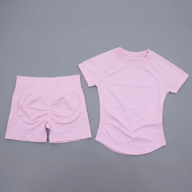 AURA SHARK 2 Piece Yoga Set Women Seamless Short Sleeve T Shirt High Waist Shorts Fitness Workout Clothes Gym Suit Activewear Khamik Shop Online