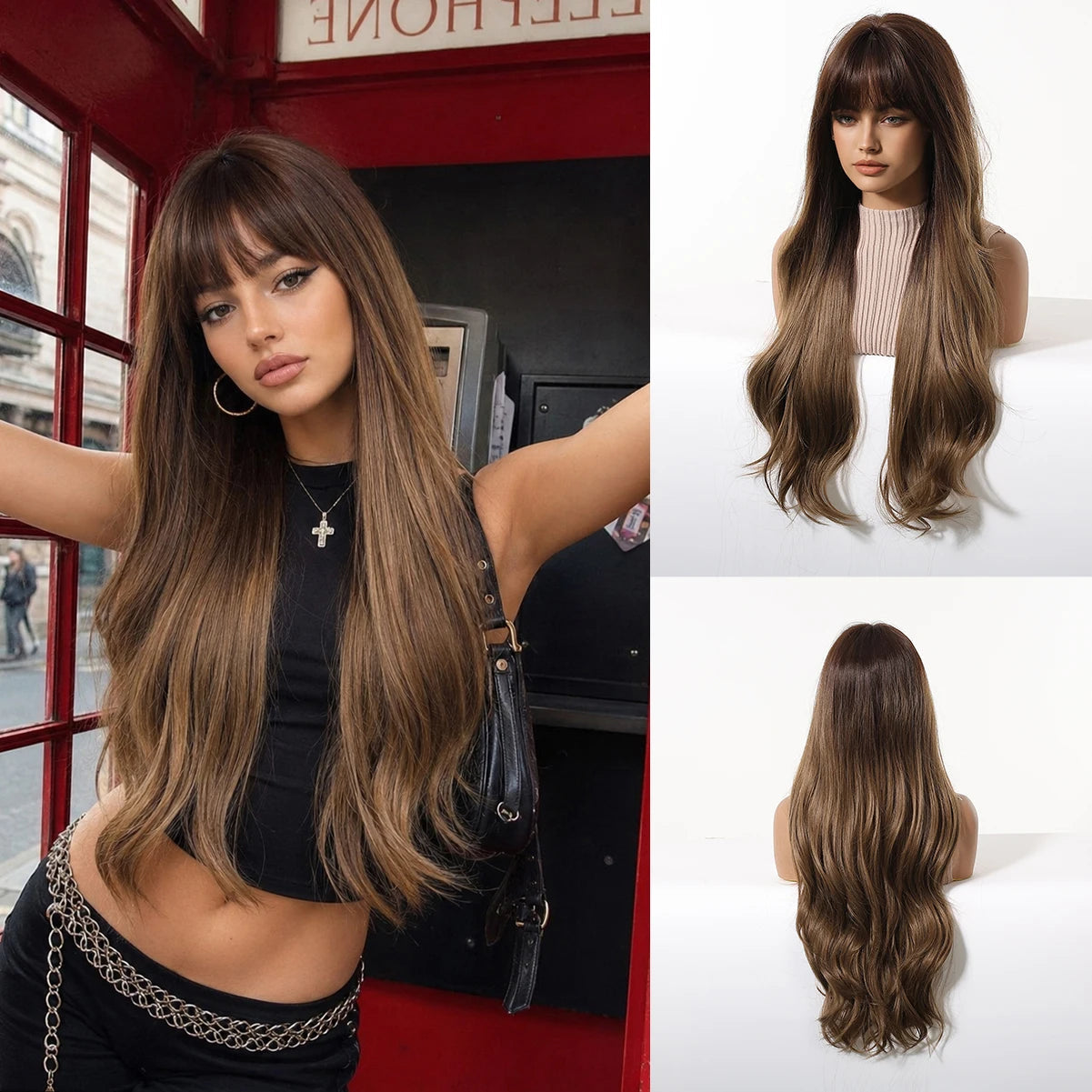 LOUIS FERRE Long Wavy Ombre Brown Wig with Bangs Synthetic Hair Wig Heat Resistant Daily Wear Office Party Cosplay Halloween Khamik Shop Online