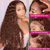 34 Inch Deep Wavy Lace Front Wig in Chocolate Brown Featuring 200 Density And 13X6 HD Lace. This Curly Human Hair Wig Is Ideal for Women And Comes with Pre-Added Natural Hair Threads in Shade 4 Brown Khamik Shop Online