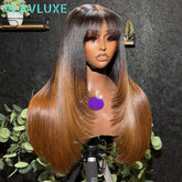 Ombre Colored Brown With Bang Layered 13x6 HD Transparent Lace Frontal Wig Bone Straight Glueless 300/400 Density Human Hair Wig Khamik Shop Online