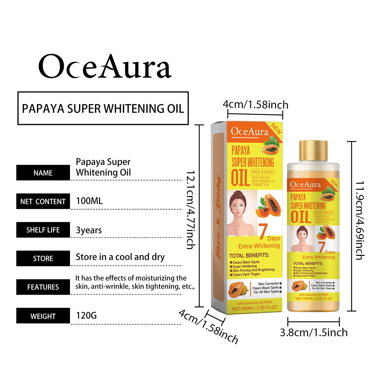 Papaya Super Whitening Oil Face & Body Moisturizer Nourishing Whitening Body Oil Body Massageskin Papaya Oil 3.38 Oz