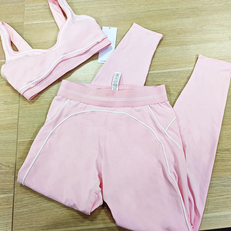 Yoga Suit Women Sport Set Pilates Clothing High Waisted Elasticized Leggings Hip Lifting Pants Gather Top Vest Strip Workout Set Khamik Shop Online