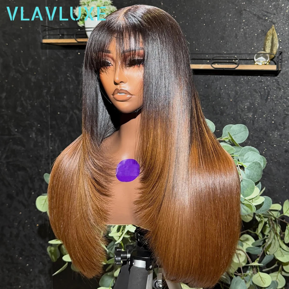 Ombre Colored Brown With Bang Layered 13x6 HD Transparent Lace Frontal Wig Bone Straight Glueless 300/400 Density Human Hair Wig Khamik Shop Online