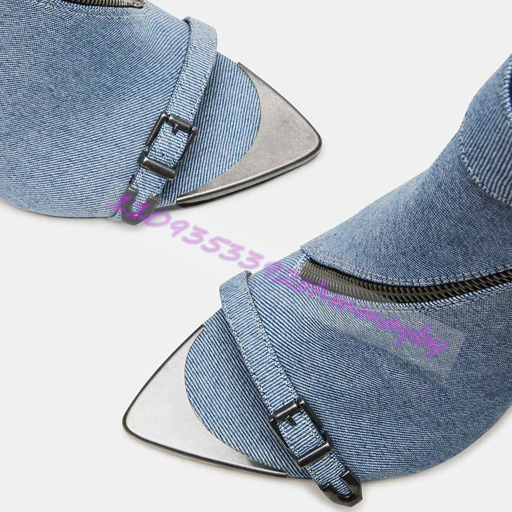 Summer Blue Denim Pointed-Toe Boots For Women Open-Toe Leather Belt Buckle Sandals Fashion Metal Pointed-Toe Zipper High Heels Khamik Shop Online