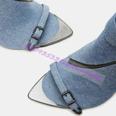 Summer Blue Denim Pointed-Toe Boots For Women Open-Toe Leather Belt Buckle Sandals Fashion Metal Pointed-Toe Zipper High Heels Khamik Shop Online
