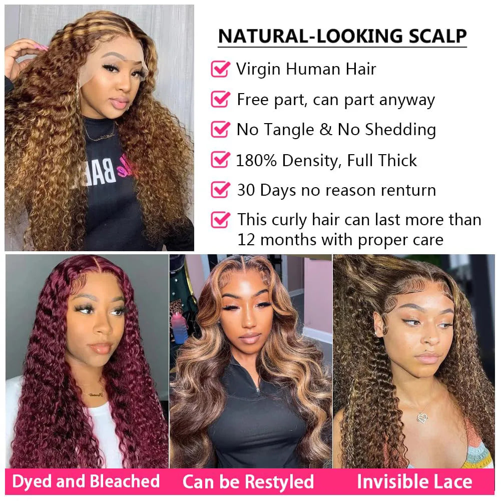 36 Inch Deep Wave P4/27 Highlight Ombre 13x6 13x4 HD Transparent Lace Front Wigs Curly Lace Frontal Wigs for Women Pre Plucked Khamik Shop Online