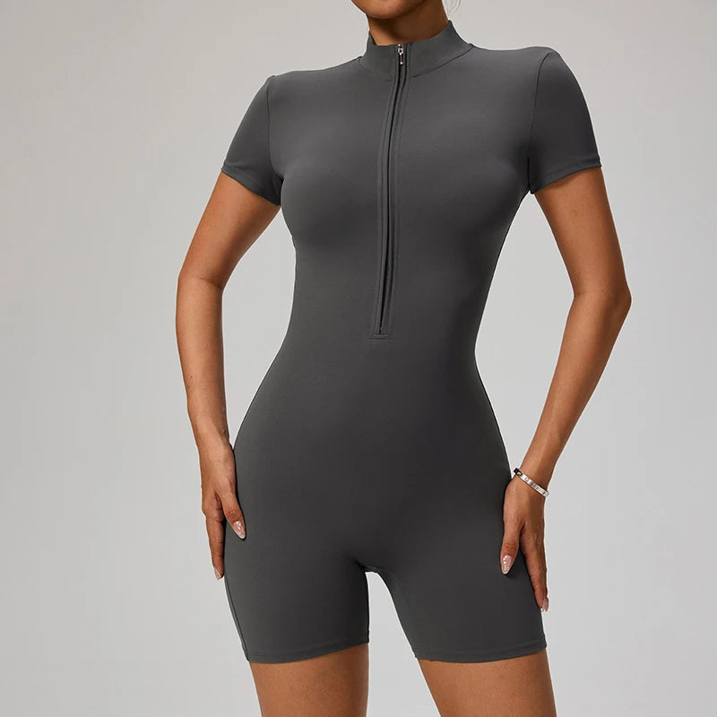 SOISOU Zipper Jumpsuit Women Short Sleeves Clothing Sportswear Woman Gym Yoga Sport Sets Nylon Workout Sets Women Tracksuit Khamik Shop Online