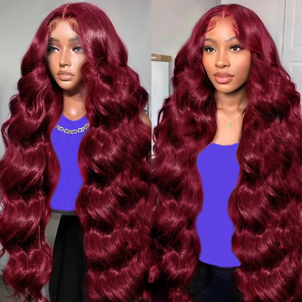 99J Burgundy Red 34 Inch Body Wave Lace Front Wigs 13x4 HD Transparent Human Hair Pre Plucked Dark Burgundy 99J Colored Wig 13x6 Lace  Wigs Pre-Plucked Body Wave Hairstyle For Women Khamik Shop Online