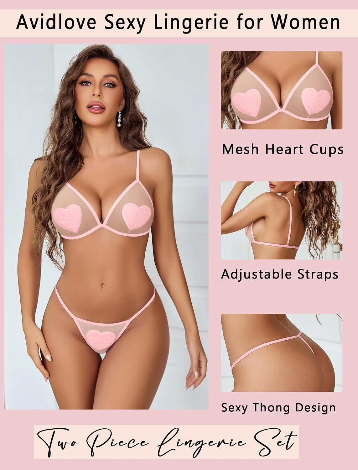 Sexy Lingerie Set for Women 2 Piece Heart Mesh Sheer Bra and Thong Set Deep V Cute Lingerie S-XXL