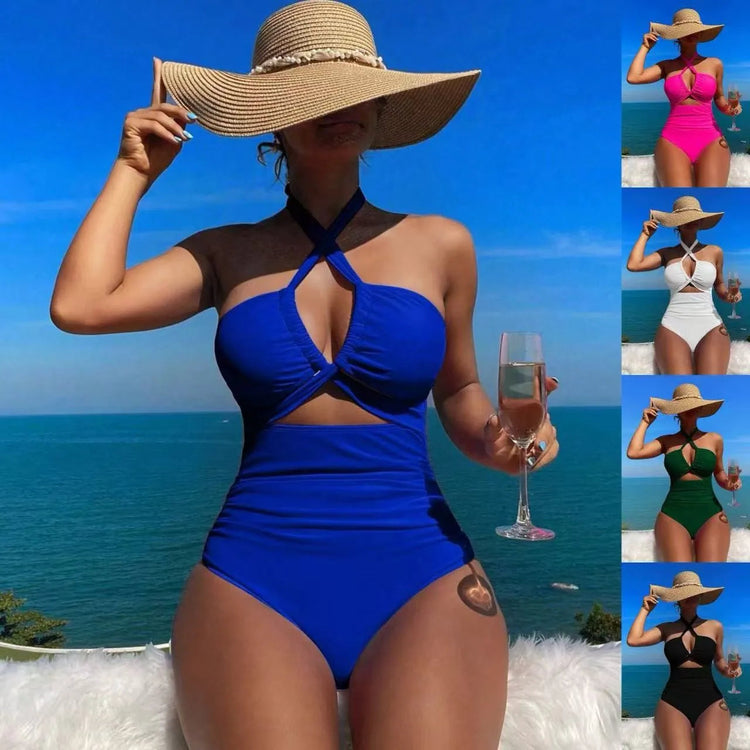 Women Swimsuit Halter Neck Solid Swimsuit Backless Waist Cinching Bathing Suit Ruched Bust High Cut Swimwear Black Woman Khamik Shop Online