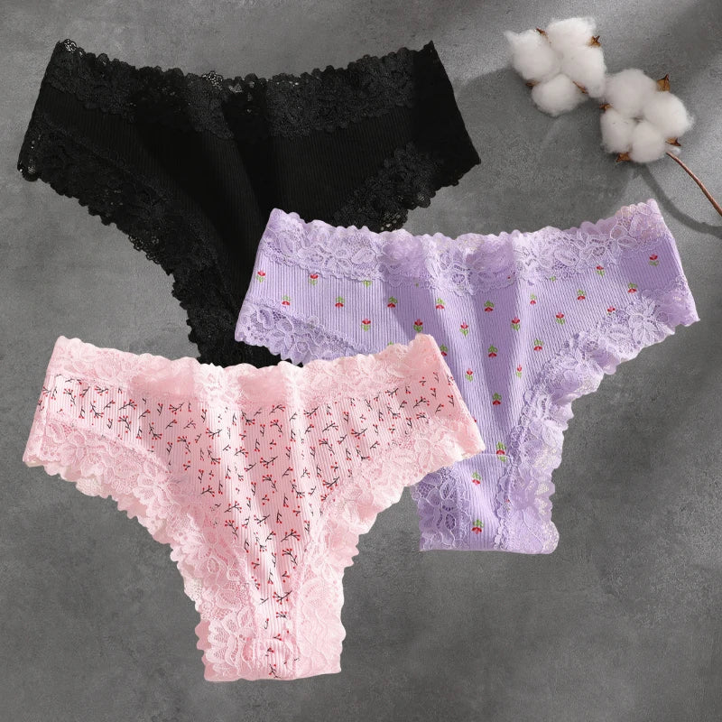 3Pcs Cotton Lace Patchwork Bikini Panties Women Seamless Floral Print Brazilian Pants Low Waist Breathable Female Sexy Lingerie Khamik Shop Online