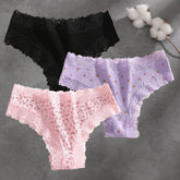 3Pcs Cotton Lace Patchwork Bikini Panties Women Seamless Floral Print Brazilian Pants Low Waist Breathable Female Sexy Lingerie Khamik Shop Online