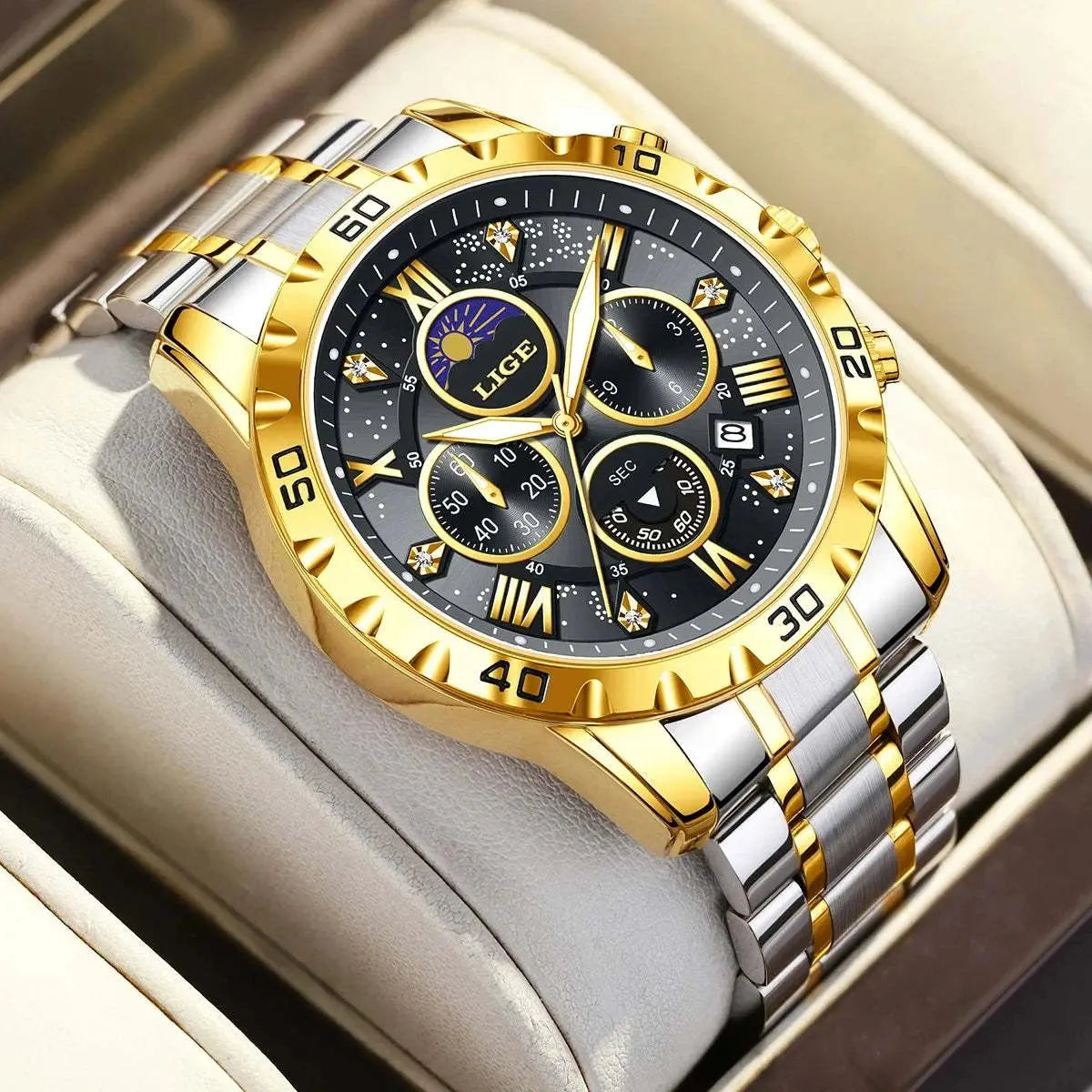 LIGE Top Brand Luxury Quartz Man Watch Casual Sport Waterproof Stainless Luminous Chronograph 24H Moon Phase Watches for Men+Box Khamik Shop Online