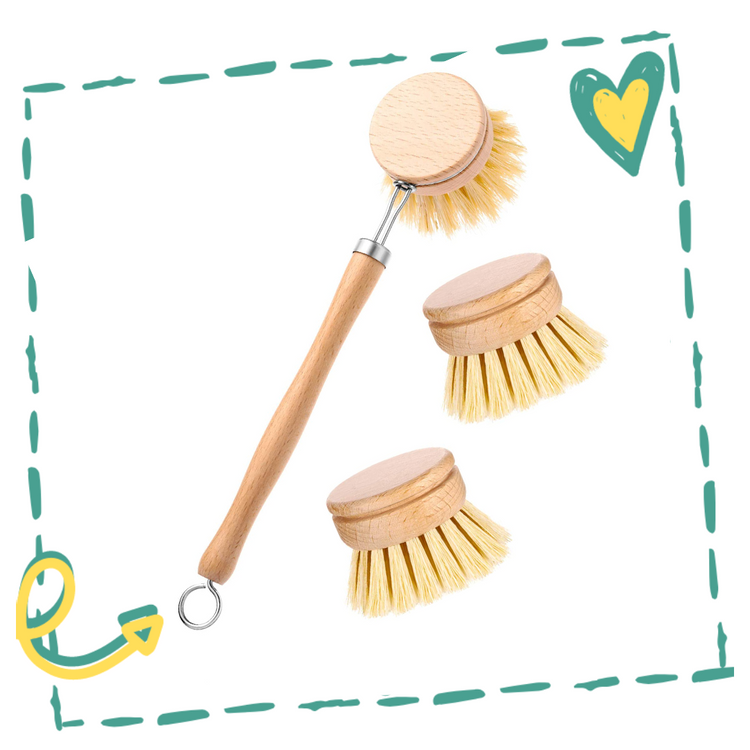 Wooden and Sisal Dish Brush with 2 Pieces Replacement Brush Heads Yellow Lavender