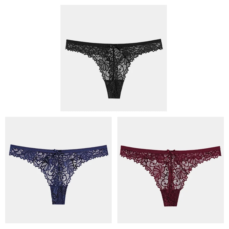3Pcs/Lot Sexy Lace Thong Low Waist Lace Transparent Panties Women Hollow Out Breathable G String Briefs Bow Underwear Lingerie