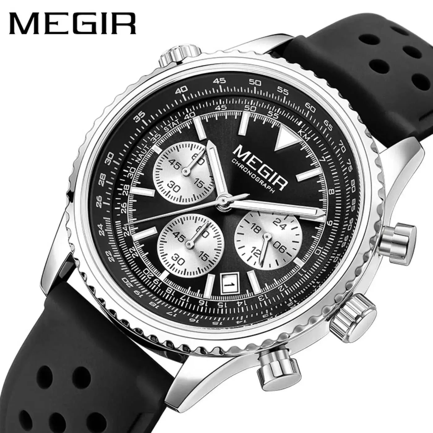 MEGIR Silver Black Quartz Watch Men Military Sport Chronograph Wristwatch with Silicone Strap Luminous Hands Auto Date 2236 Khamik Shop Online