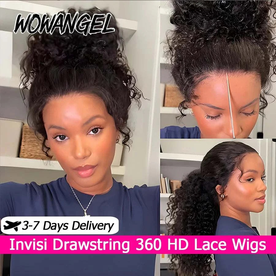 Hidden Strap 360 HD Full Lace Wigs Curly Human Hair WigS Pre Plucked Water Wave HD Lace Frontal WigS with Invisible Drawstring Khamik Shop Online