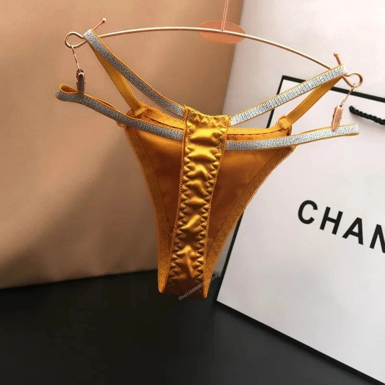 Sexy Silk Satin Thongs Hollow Out Fashion Solid Color Panties Cotton Crotch Low Waist Breathable Pure Color Women&