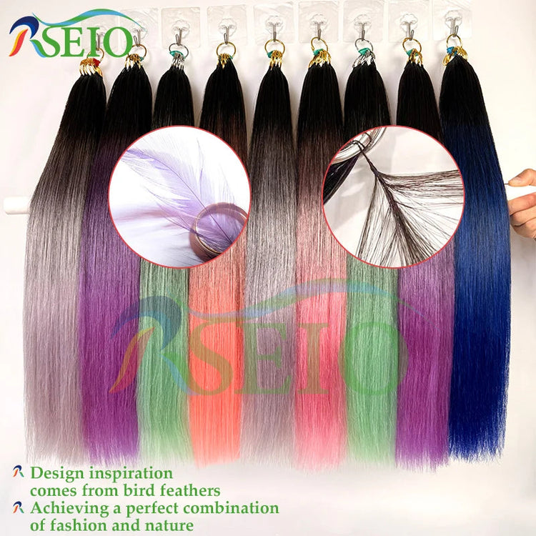RESIO  Feather Hair Extensions Straight 100% Real Human Microring Hair Extensions Color Purple Blue Pink Gray 18-20inch Khamik Shop Online