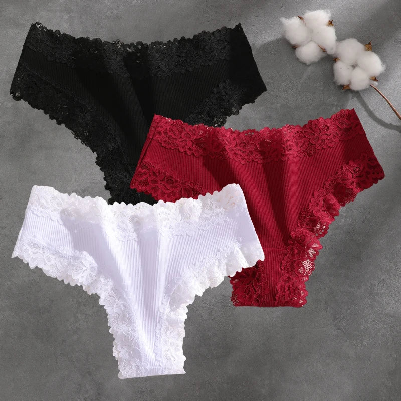 3Pcs Cotton Lace Patchwork Bikini Panties Women Seamless Floral Print Brazilian Pants Low Waist Breathable Female Sexy Lingerie Khamik Shop Online