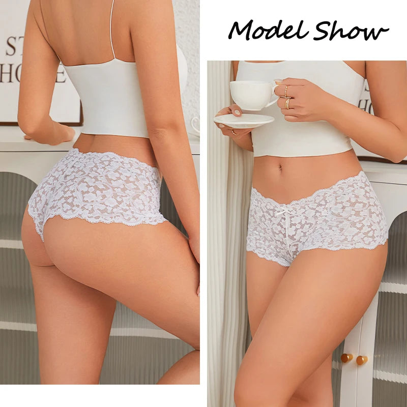 5PCS/SET Women Sexy Lace Panties Low Waist Bow Underwear Lace Trim Breathable Alluring Boxer Briefs MultiColor Pack Lingerie New Khamik Shop Online