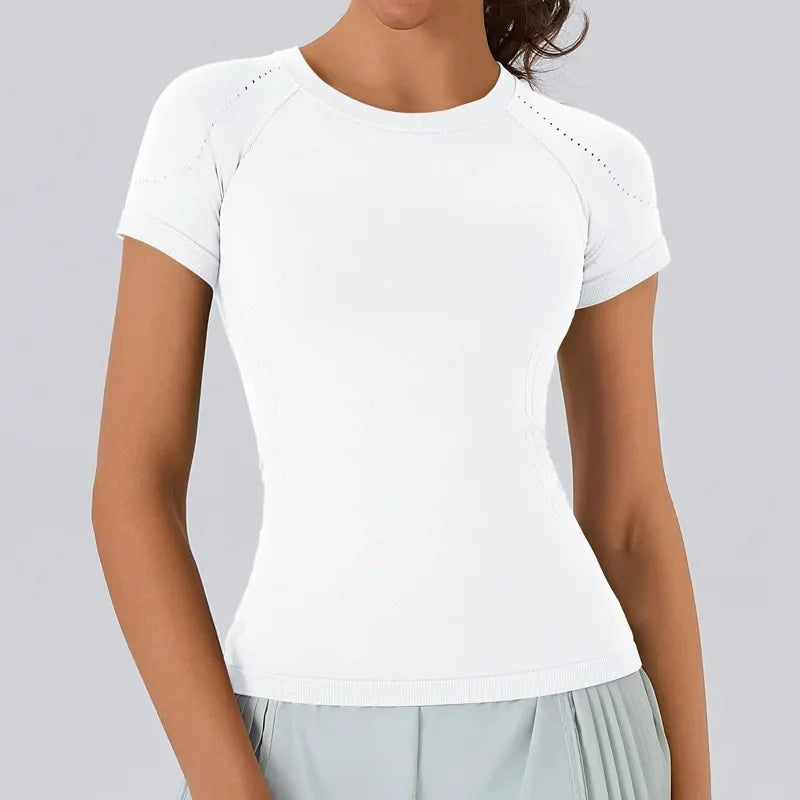 Women Yoga Shirts Sports T Shirt Summer Short Sleeve Round Neck Breathable Stretchy GYM Yoga Slim Fitness Active Top Tee Khamik Shop Online