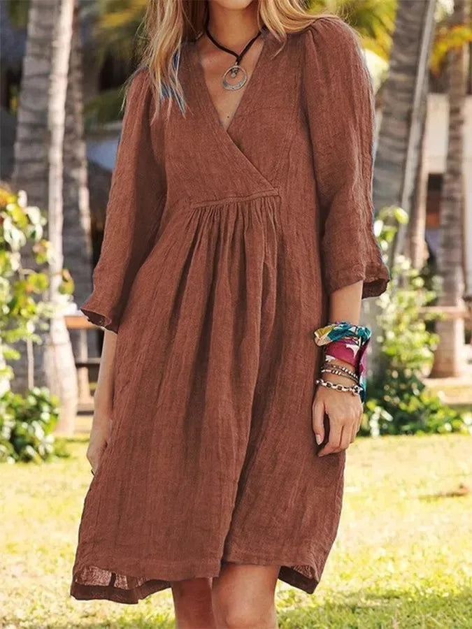 Cotton And Linen Dress For Women 2024 Autumn 3/4 Sleeve Casual Loose Solid Color V-neck Midi Dresses Elegant Women&
