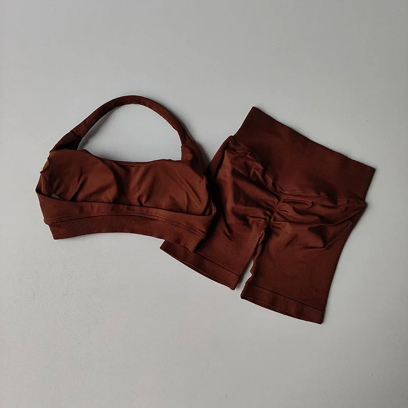 Sexy Halter Neck Beautiful Back High Waist Peach Sports Bras Shorts Suit Pilates Gathering Yoga Vest Training Fitness Bra Sets Khamik Shop Online