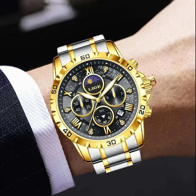 LIGE Top Brand Luxury Quartz Man Watch Casual Sport Waterproof Stainless Luminous Chronograph 24H Moon Phase Watches for Men+Box Khamik Shop Online