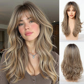 LOUIS FERRE Long Wavy Ombre Brown Wig with Bangs Synthetic Hair Wig Heat Resistant Daily Wear Office Party Cosplay Halloween Khamik Shop Online