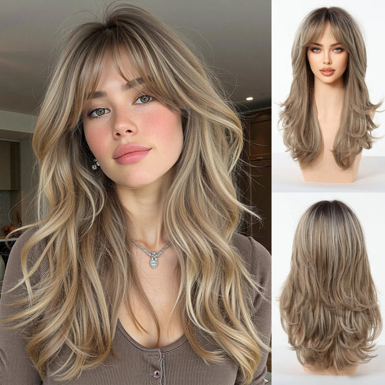 LOUIS FERRE Long Wavy Ombre Brown Wig with Bangs Synthetic Hair Wig Heat Resistant Daily Wear Office Party Cosplay Halloween Khamik Shop Online