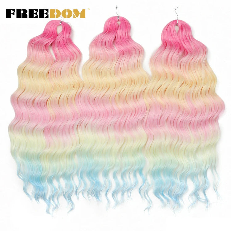 FREEDOM Synthetic Curly Braiding Hair Extensions 24 Inch/60 cm Long Deep Wavy Twist Crochet Braids Hair Ombre Brown Rainbow Hair Khamik Shop Online