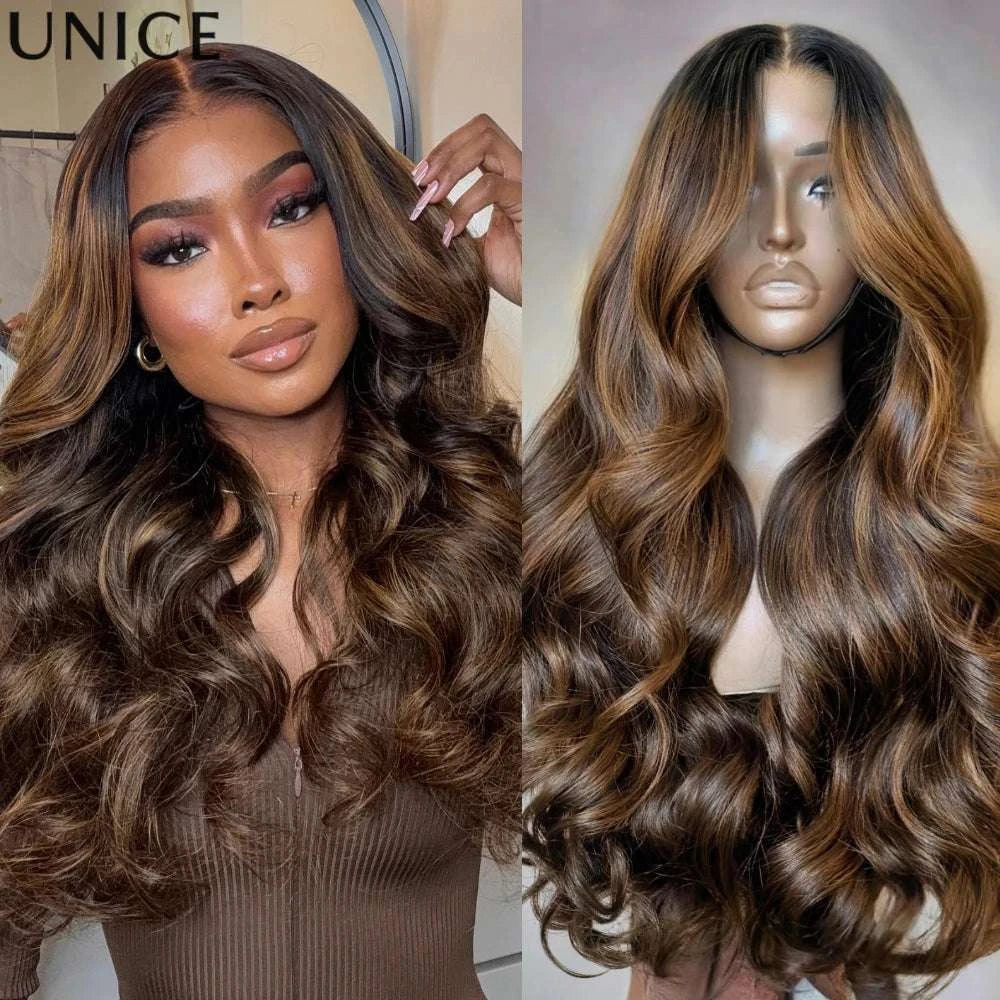 UNICE 7x5 Pre Cut Lace Balayage Brown Body Wave Glueless Wig Pre Plucked Bleached Knots Natural Hairline 100% Human Hair Wigs Khamik Shop Online